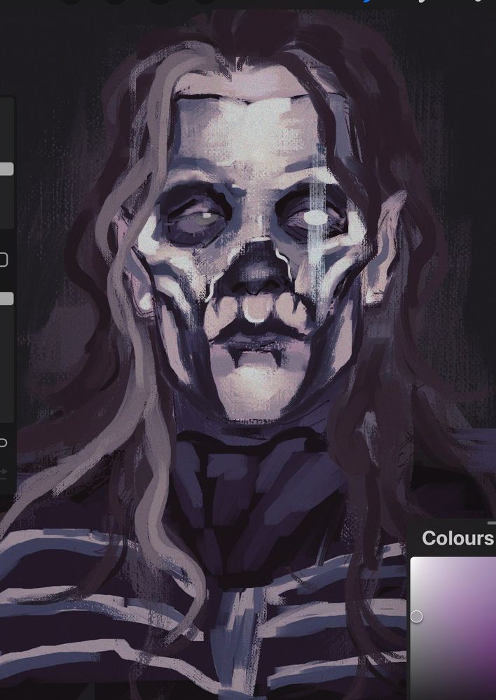 A digital drawing of Papa V Perpetua from Ghost.  He is a long-haired man wearing a skeleton half-mask. His left eye is glowing white and his ears are pointy. He is wearing a cravat and a dark suit with a ribcage corset on top.
