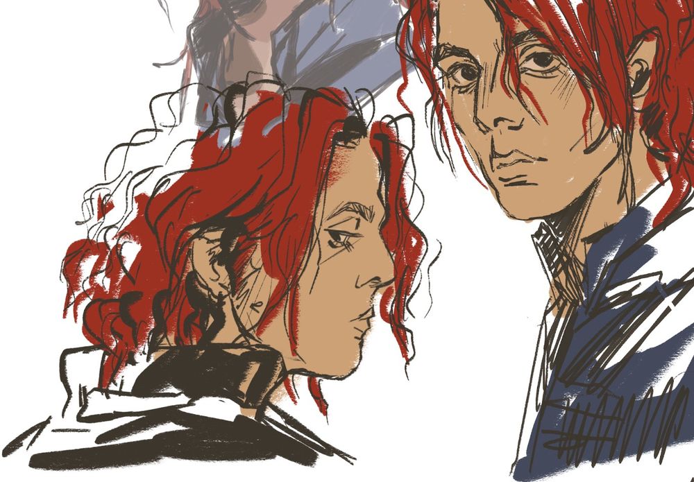 Two sketches of Gerard Way as Party Poison. One has him looking over his shoulder while the other is a 3/4.