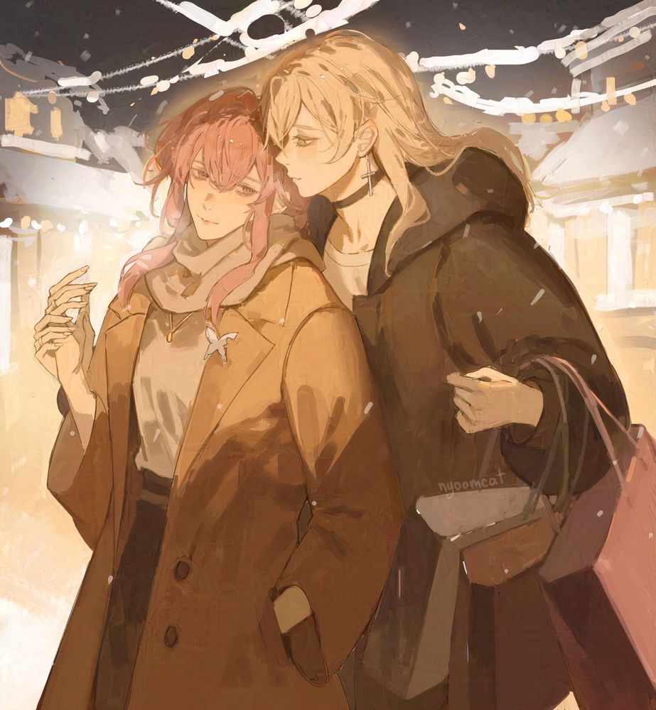 kafka and stelle from honkai star rail standing next to each other in winter clothes and carrying shopping bags. Stelle is leaning over kafka's shoulder and holding her hand.