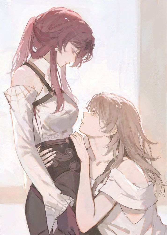 kafka and stelle from honkai star rail looking at each other tenderly. stelle hugs kafka from the waist.