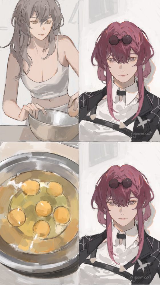 Kafka and Stelle from Honkai Star Rail as that one egg meme from twitter where the woman reacting to a cooking video smiles when it's the woman cooking but stops smiling at the food (idk how to describe it 😭😭)