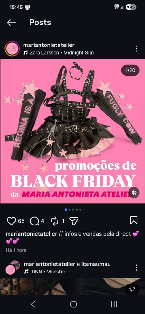 print da página Maria Antonieta atelier no instagram. a imagem mostra um post com um vestido curto, luvas e arreios pretos. a imagem diz o seguinte: "promoções de black friday da Maria Antonieta Atelier" 