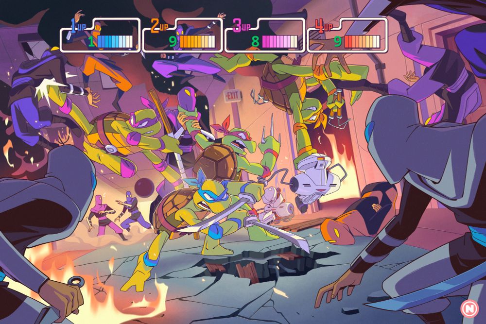 Leo, Raph, Don and Mikey fighting their way through the Foot Clan in stage 1-1 of Teenage Mutant Ninja Turtles: The Arcade Game.