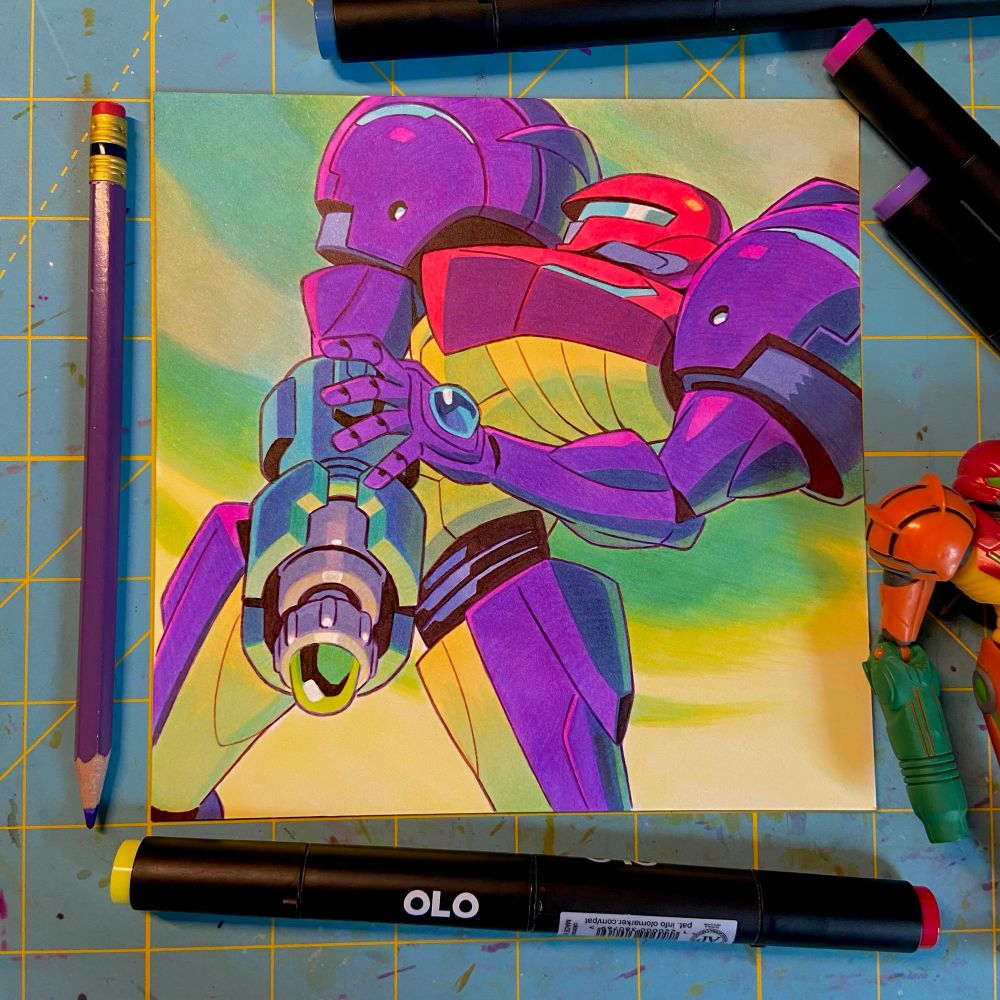 Marker drawing of Samus in her Gravity suit ready to fire a super missile.