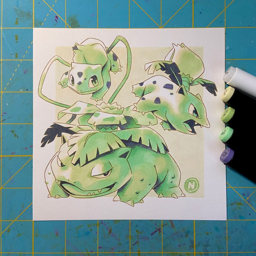 Marker drawing of Bulbasaur, Ivysaur and Venusaur inspired by the early Ken Sugimori art style.