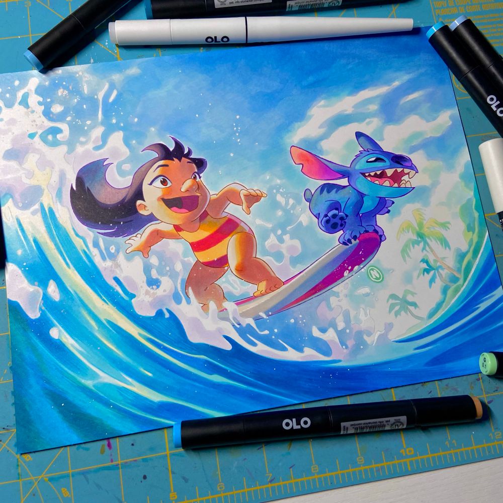 Lilo & Stitch surfing with Olo Marker.