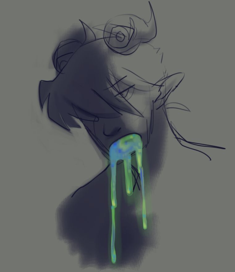 a sketch of a guy vomiting bright green and blue