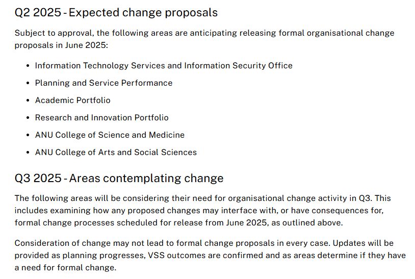 Q2 2025 - Expected change proposals 
Subject to approval, the following areas are anticipating releasing formal organisational change proposals in June 2025: 

Information Technology Services and Information Security Office 
Planning and Service Performance 
Academic Portfolio
Research and Innovation Portfolio 
ANU College of Science and Medicine
ANU College of Arts and Social Sciences 
Q3 2025 - Areas contemplating change 
The following areas will be considering their need for organisational change activity in Q3. This includes examining how any proposed changes may interface with, or have consequences for, formal change processes scheduled for release from June 2025, as outlined above. 

Consideration of change may not lead to formal change proposals in every case. Updates will be provided as planning progresses, VSS outcomes are confirmed and as areas determine if they have a need for formal change. 