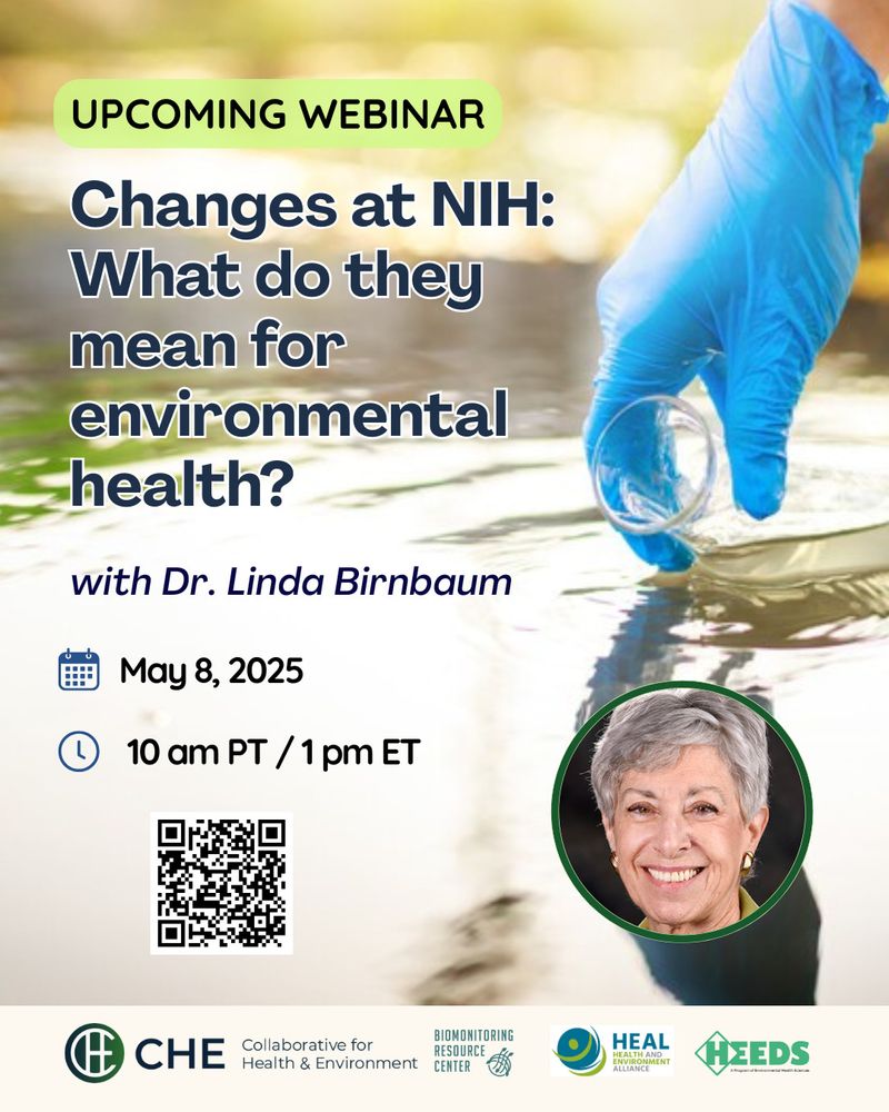 Title of webinar over background of blue gloved hand sampling water. Inset photo of speaker. 