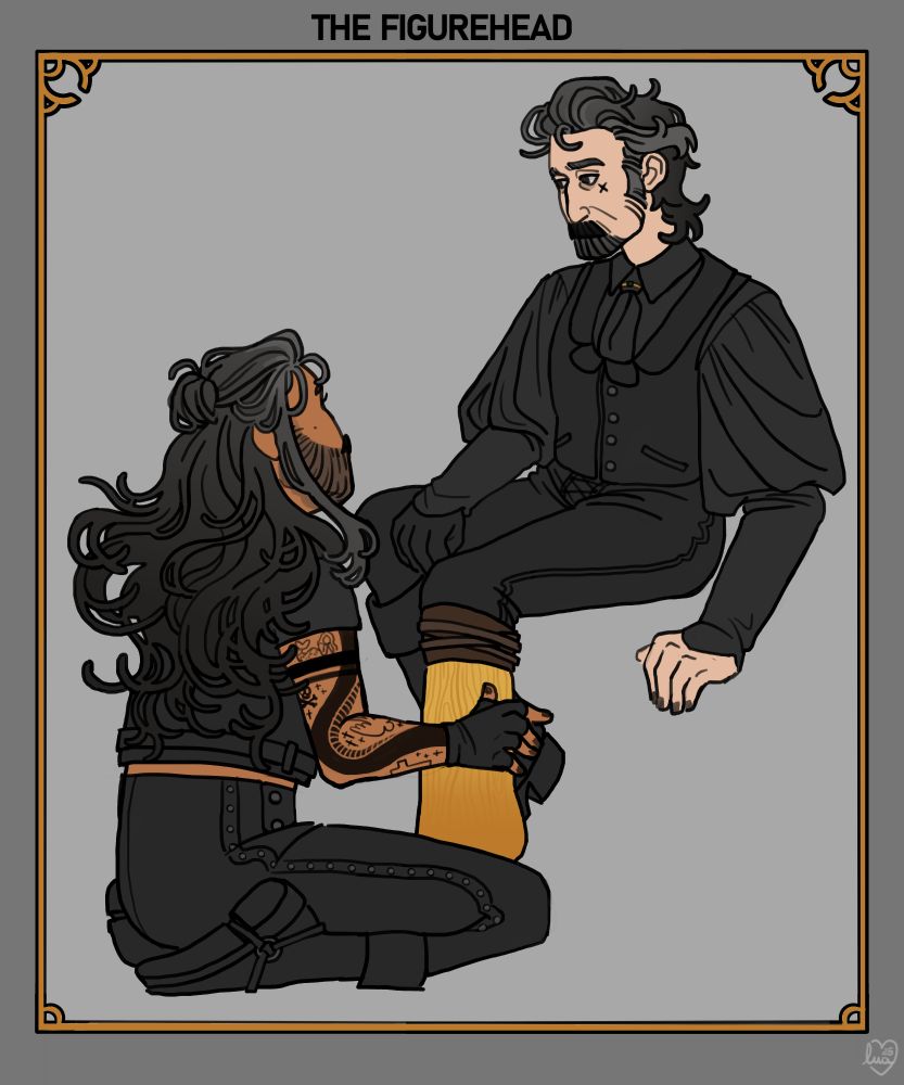 digital drawing of edward and izzy from ofmd. ed is on his knees looking up at izzy while holding izzy's prosthetic leg. izzy looks back at ed.