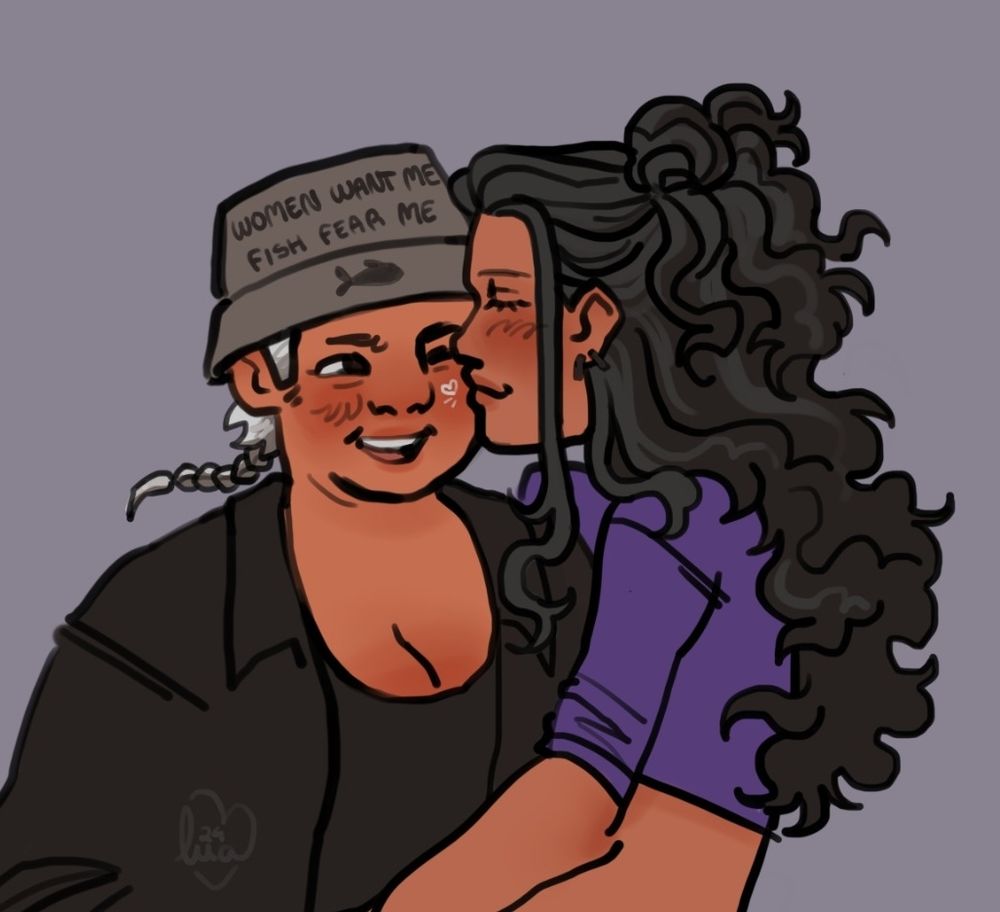 Drawing of a genderbent Ed and Fang from OFMD. Ed is on Fang's lap, kissing her cheek. Fang is smiling.