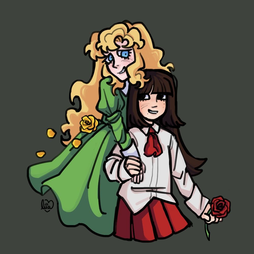 ib and mary from the game "ib". mary stands close behind ib and they are holding hands and smiling. ib holds her red rose in her free hand while mary's yellow rose is in her pocket, some of its petals falling down.