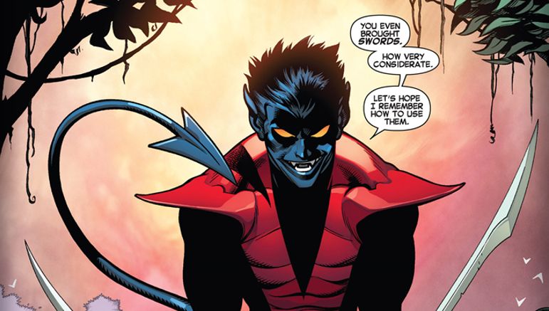 The always sexy Nightcrawler, from the X-Men, in a panel from a comic of some kind. He's saying "You even brought swords. How very considerate. Let's hope I remember how to use them."