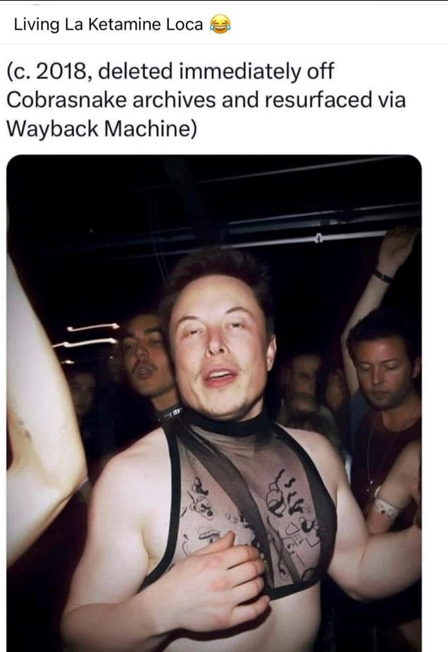 On a field of sweaty gay men. Dancing. A pasty white South African nazi. High. In a black see through tank top midi. 