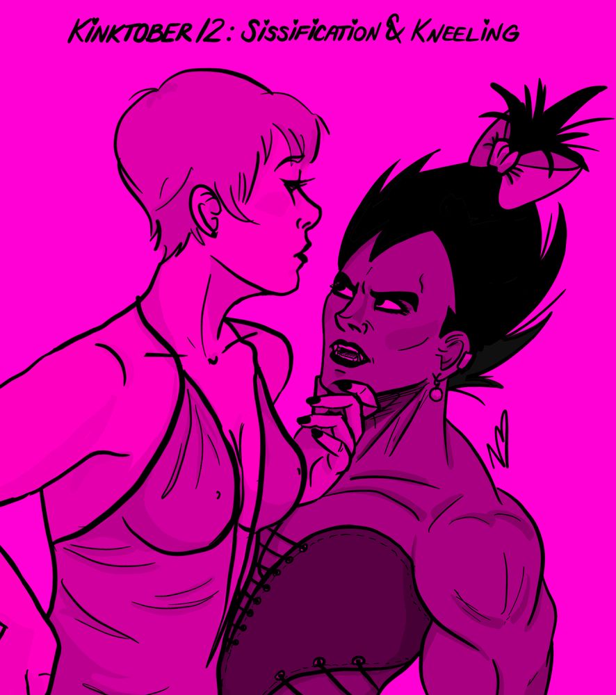 Fanart of Bulma holding Vegeta's chin as he's lower than her (kneeling) and dressed in a corset with a large bow in his hair and makeup on.