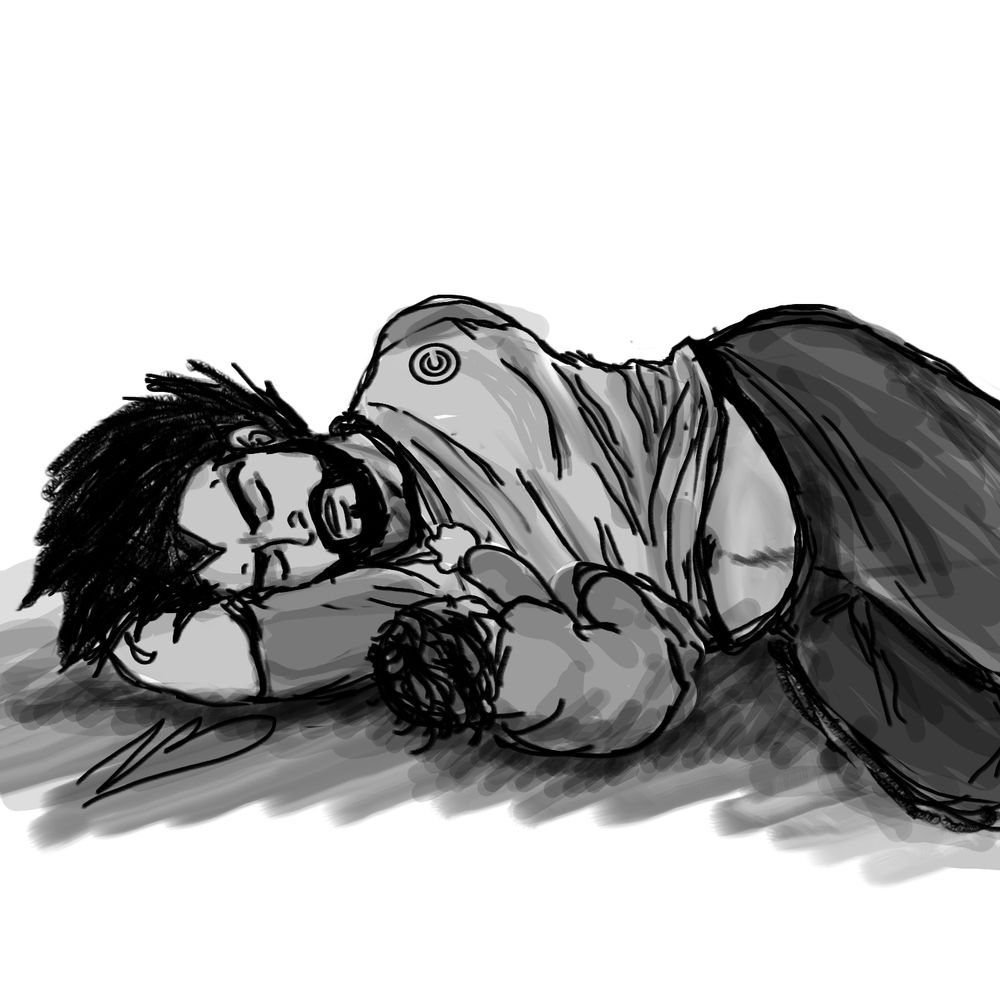 Fanart of Vegeta sleeping on the floor on his side with a baby holding his shirt.