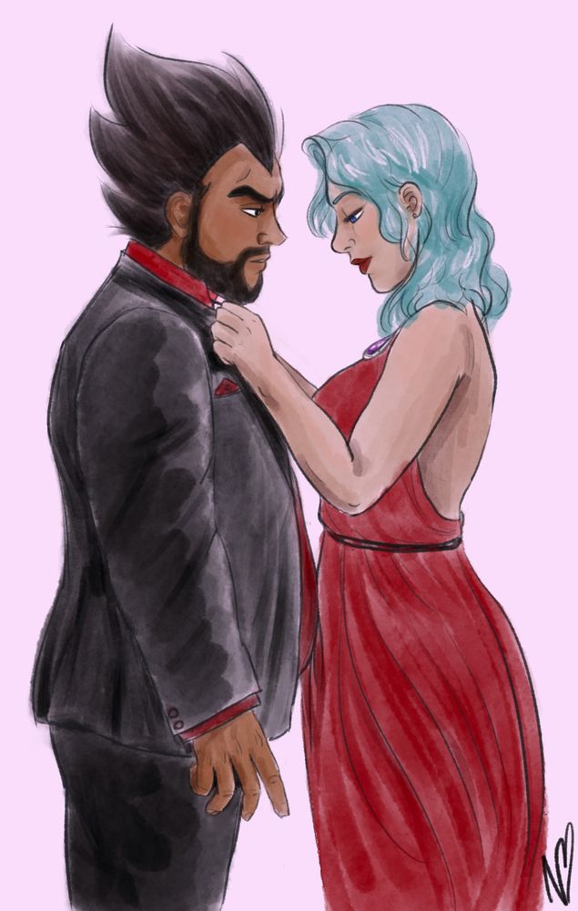 Bulma in a red gown tying a bearded and dad-bodded Vegeta's tie.