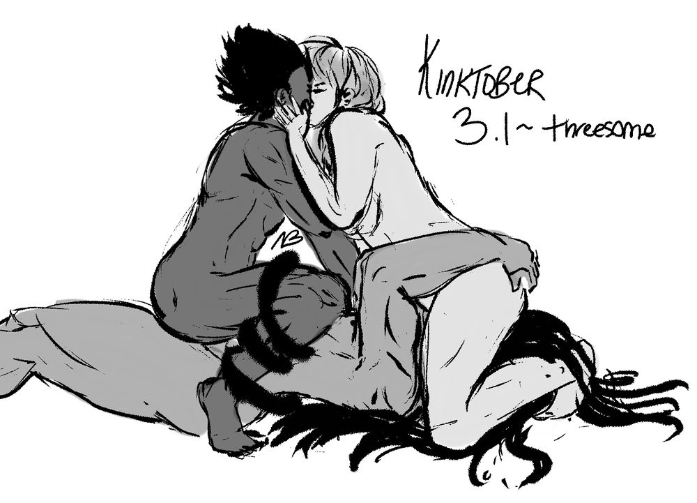 Fanart of a threesome between Vegeta, Bulma, and Raditz
