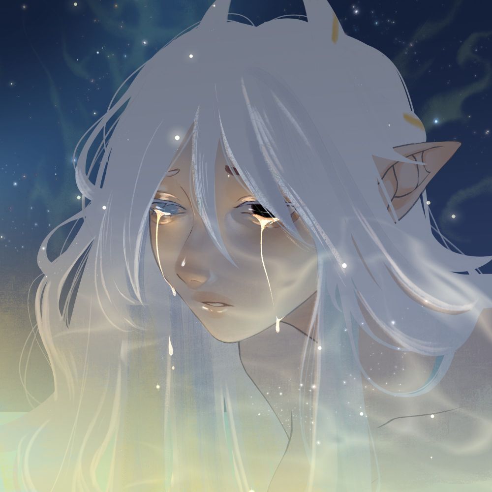 a being that looks like a woman with white horns & pointed ears, with long white hair, staring out into golden, sparkling waters that reflect back onto her face. there are golden tears streaming down her face as she looks out with an inexplicably sad expression in her eyes