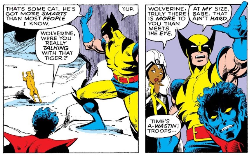 Comic panels of Wolverine saying goodbye to a sabertooth tiger. Nightcrawl asks him what he's doing and Storm compliments him. Full dialog in post.