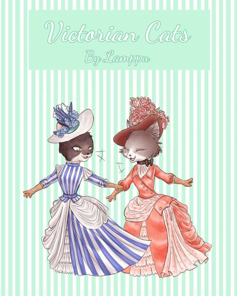 Two antropomorhic cats dressed as Victoria ladies.