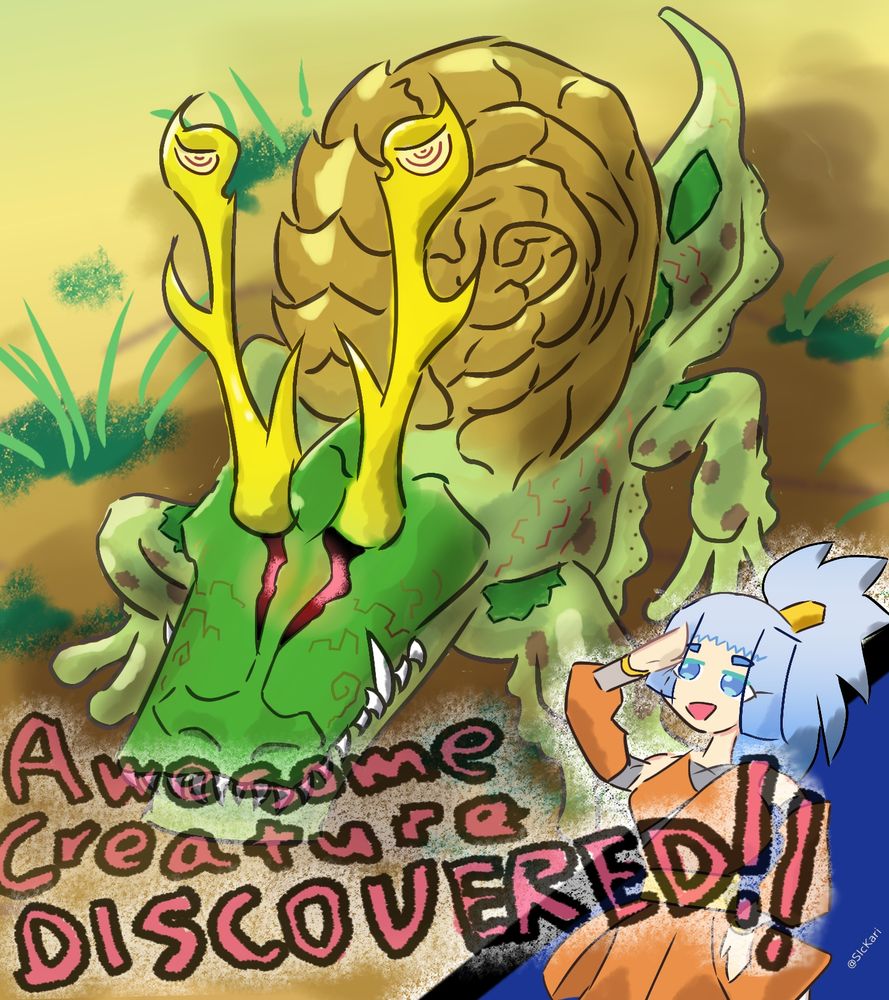 Illustration of two original characters, A snail-like dragon monster, and a ninja girl.