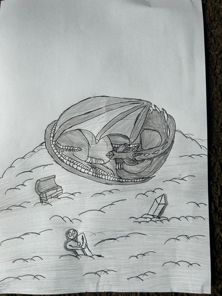 A black ant white sketch, depicting a dragon curled up like a cat, sleeping on a mound of treasure, that has a statue, gemstone and chest buried in it