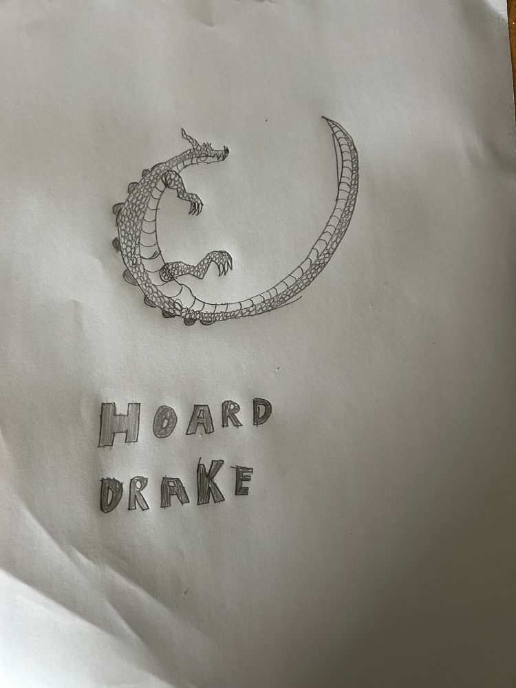 A black and white sketch of a lizard like dragon, with no wings, in a circular pose. It’s scales resemble coins
Hoard drake is written in bold letters below it