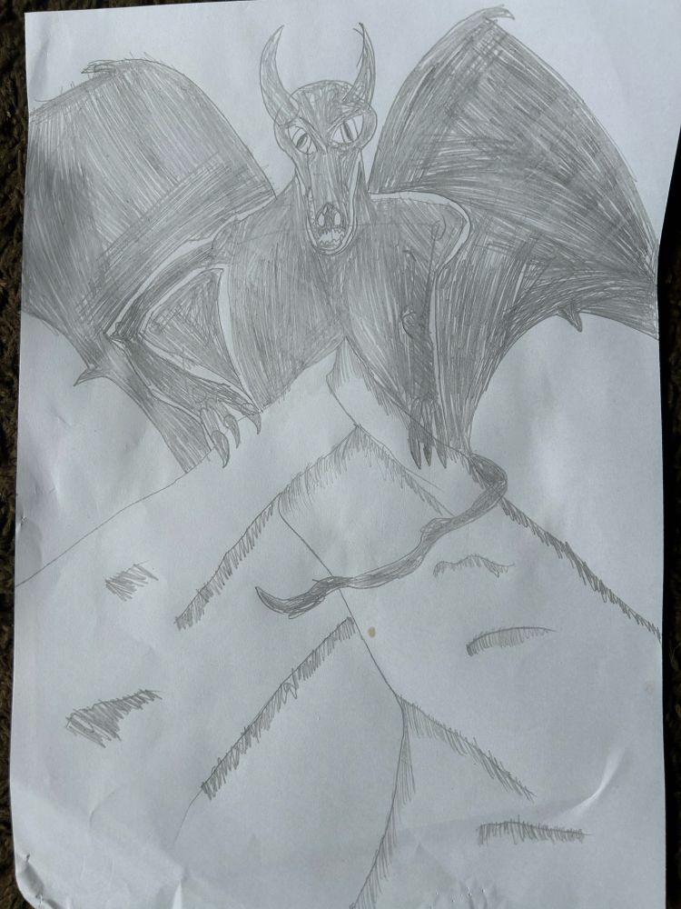A black and white sketch of a mountain top with a dragon perched on top of it.
The dragons is obscured by the mountain, and is covered in shadow.
The mountain is drawn better than the dragon