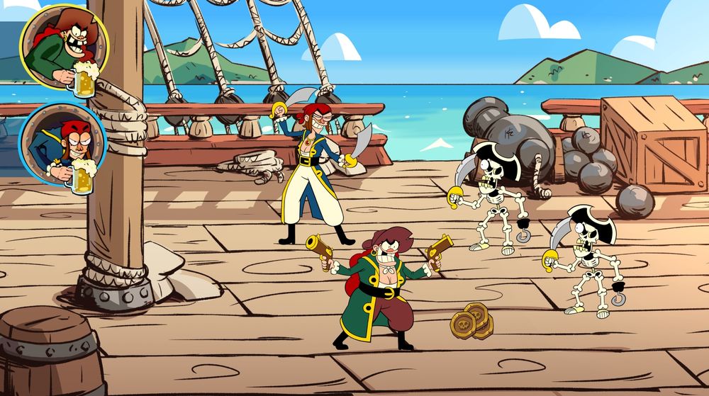 Two pirates stand with their weapons ready to fight 2 pirate skeletons.