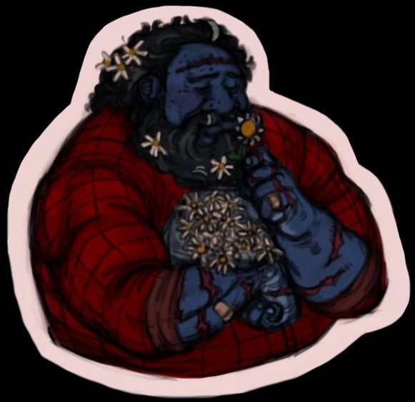 A digital drawing of the character Papineau from the videogame Look Outside. He is cradling a bouquet of white flowers, some of which are nestled in his hair, as he takes a loving sniff of one white flower.