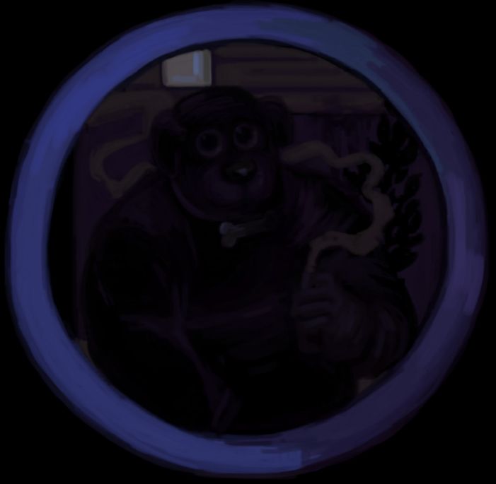 A digital render of a dog headed figure rendered in the style and palette of the Look Outside door encounters. The dog man is peering through the peephole as he is holding a lit cigarette.