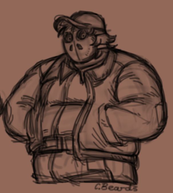 Digital sketch of the character Hellen from the videogame Look Outside. It is a simple half body sketch of her wearing a different mask than her in game one. She is also wearing a thick jacket as she stares at the viewer whilst donning a baseball cap.