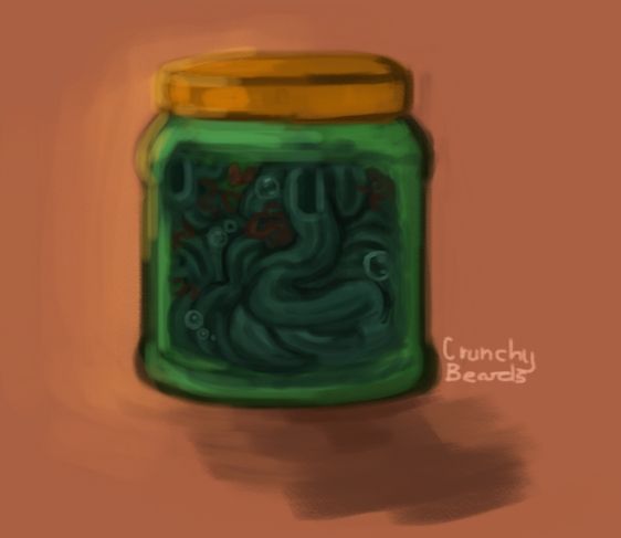 A digital render of Denial Sam being pickled in a plastic jar.