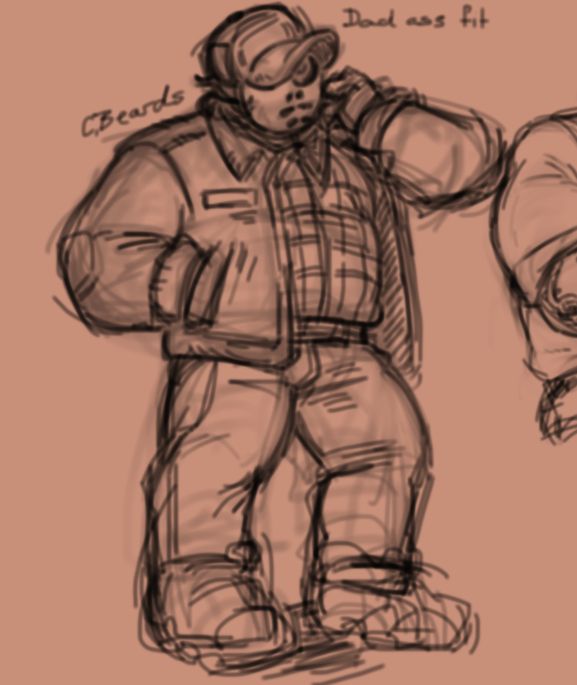 Digital sketch of the character Hellen from the videogame Look Outside. It's simple full body sketch of Hellen wearing casual clothing consisting of a warm winter jacket; jeans; a plaid shirt; boots and a baseball cap.