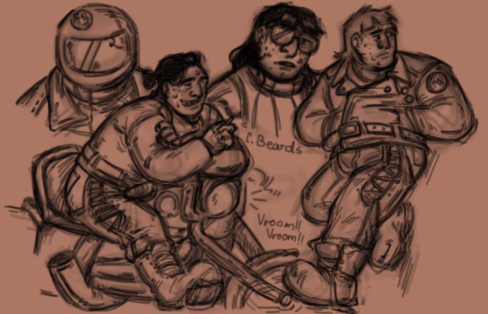 A digital sketch page of the character Jeanne from the videogame Look Outside. All of the sketches are of a speculative pre-Visitor form for Jeanne, wherein she is donning a leather biking jacket and leather riding chaps. From left to right there is a sketch of Jeanne wearing her biker helmet; another sketch of Jeanne leaning forward on her bike her hair tied back into a bun; a bust sketch of Jeanne with glasses on as she stares at the viewer and finally a full body sketch of Jeanne leaning against a non-existent wall her hands shoved into her jacket's pockets. 