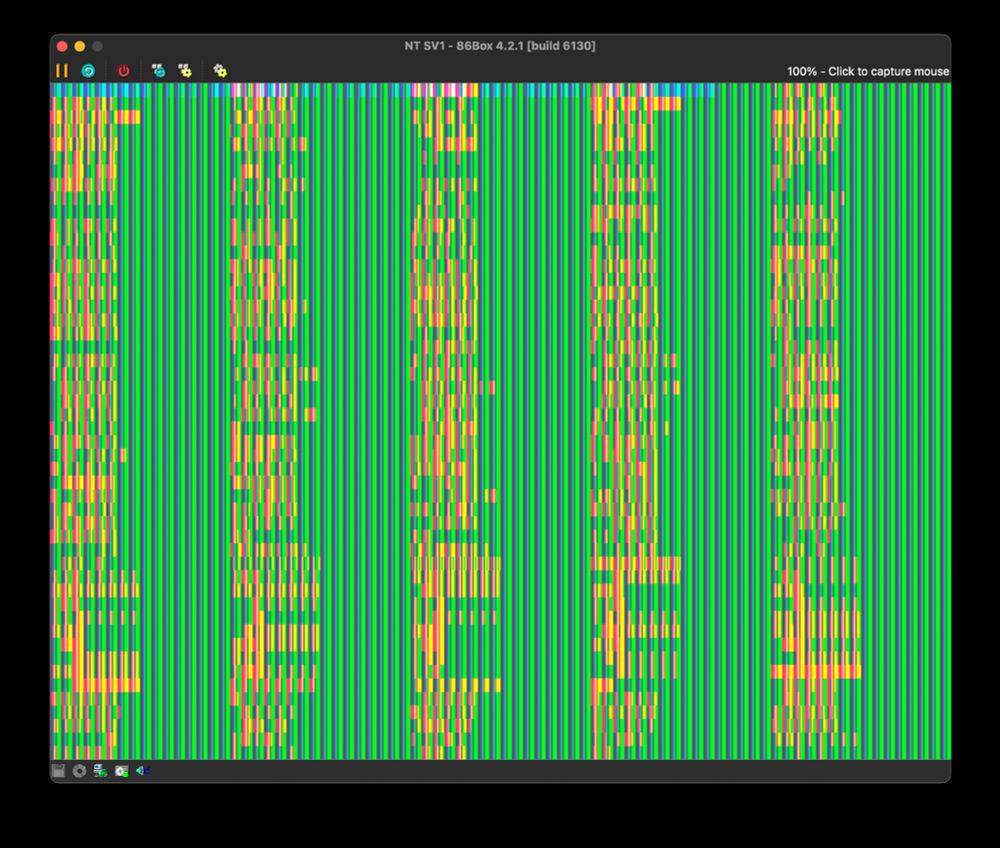 an emulated 1993 computer showing a green and black striped screen with yellow squares scattered throughout in a pattern
