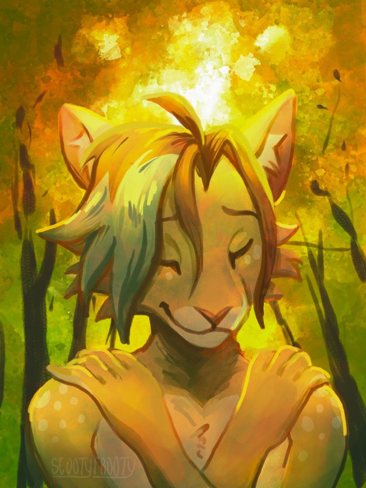 A painting of Shen, shoulders up, lit from behind by a golden glow of sunlight, surrounded by early autumn trees, arms on their shoulders hugging themselves. Art by Scoot.