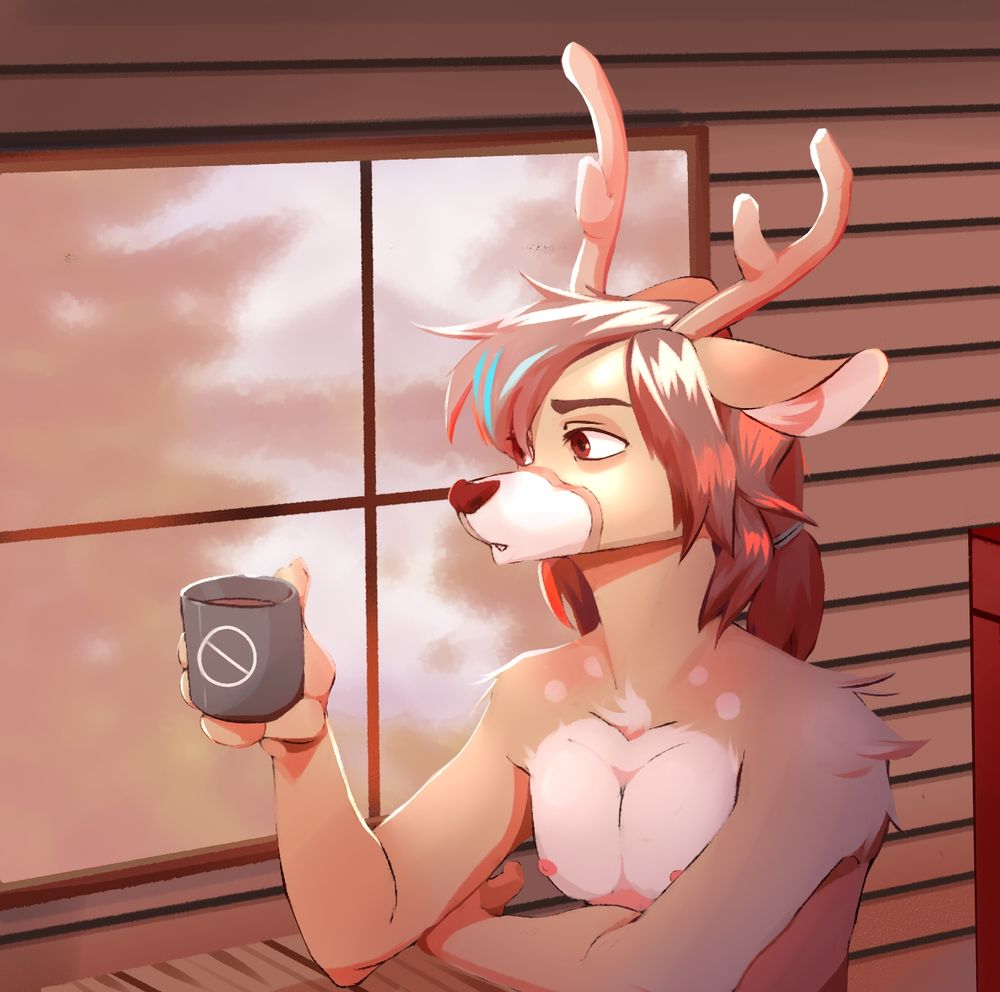 A digital art piece of my deer character/sona, Shen, drinking a coffee at a wooden table next to a window.