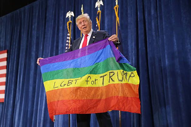 DJT holding rainbow flag with LGBT FOR TRUMP handwritten on it. 