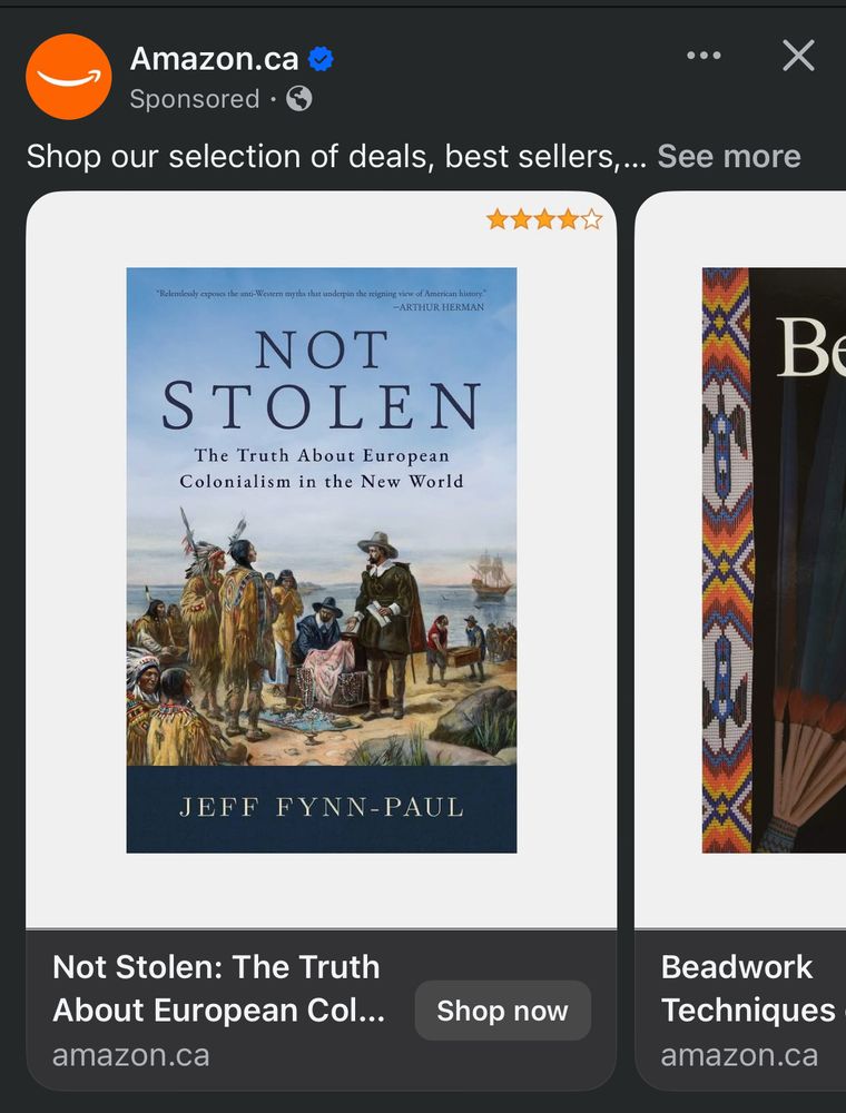 Screenshot of "Not Stolen" by a right-wing author, and denialist. FYI - Indigenous lands WERE stolen.