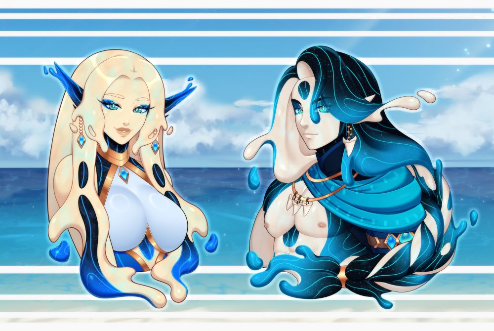 Two bust shots, one man, one woman. Ocean and sky with white striped pattern in the background. Both are water themed with pale skin and blue blob like markings.