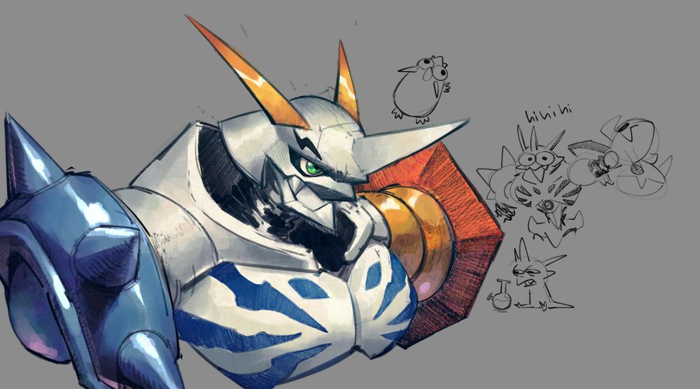 a bust drawing of omegamon plus various small doodles of him to the side. there's a round one, one where he's waving hi, and one who took a fat bong rip 