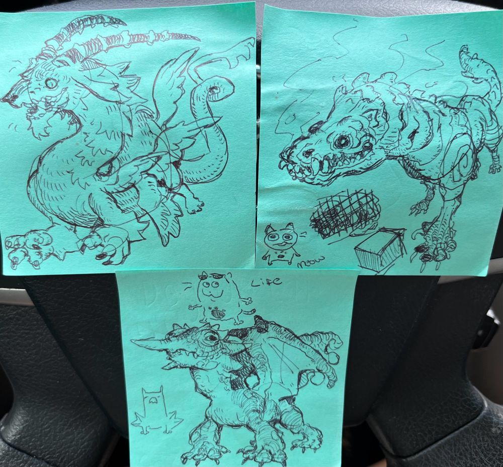Three sticky notes with drawings of Magnadramon, Odogaron, and Chameleos 