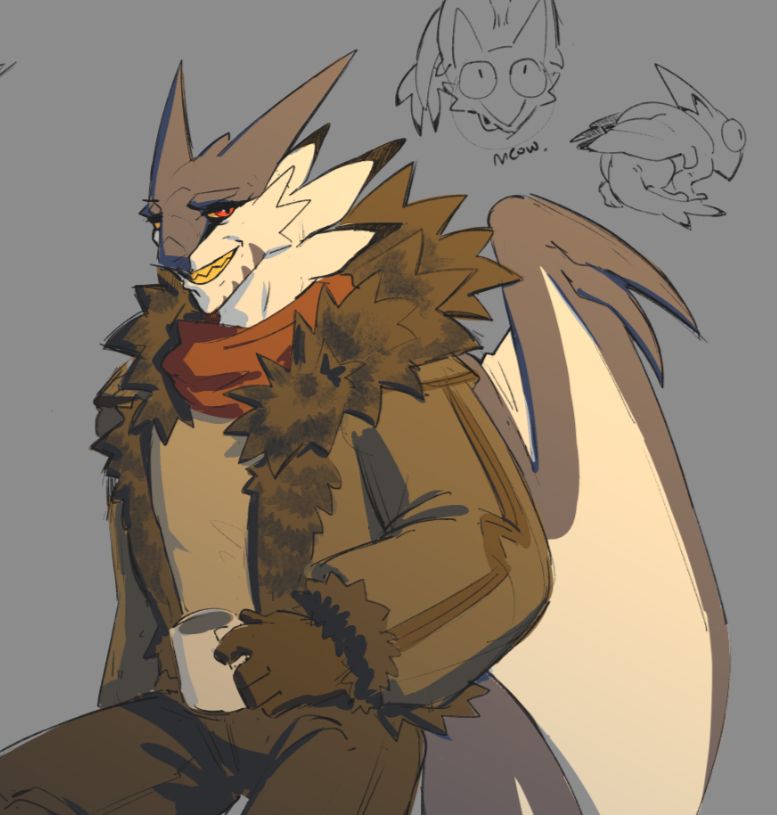 drawing of an anthro dragon character holding a coffee mug with warm lighting. two smaller doodles in the top right corner are cat like interpretations of him 