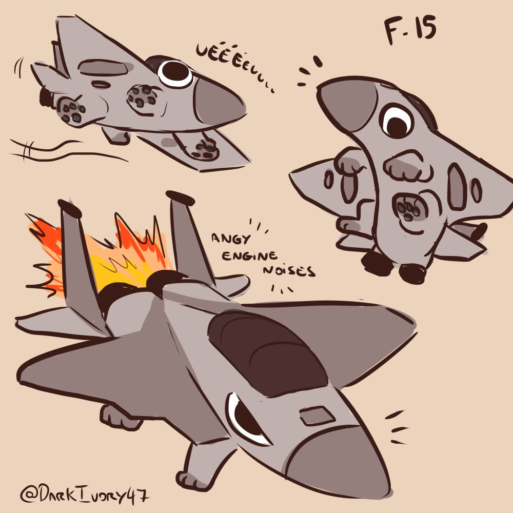3 sketchy drawings of a cute looking McDonnell Douglas F-15 with huge eyes and 4 cat-like paws. 