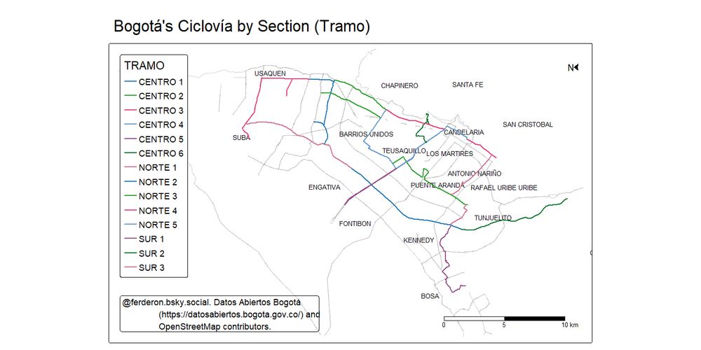 Map of the Ciclovía de Domingo in Bogotá, Colombia, with the North rotated 90 degrees counterclockwise. The coloured legend indicates the different sections of the 127 km of the system. 