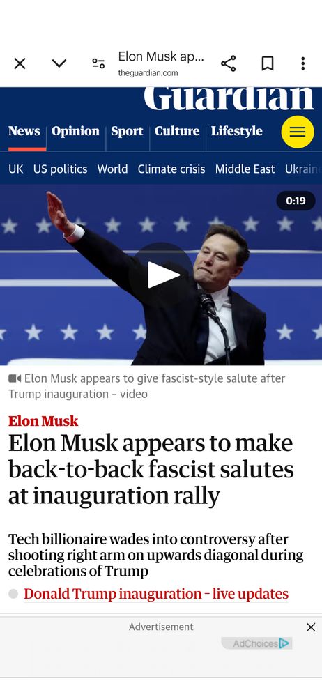 A screenshot of a guardian article entitled, Elon Musk appears to make back-to-back fascist salutes at inauguration rally. A photo shows musk with his right arm outstretched, hand flat, appearing to do the Notsea salute. 