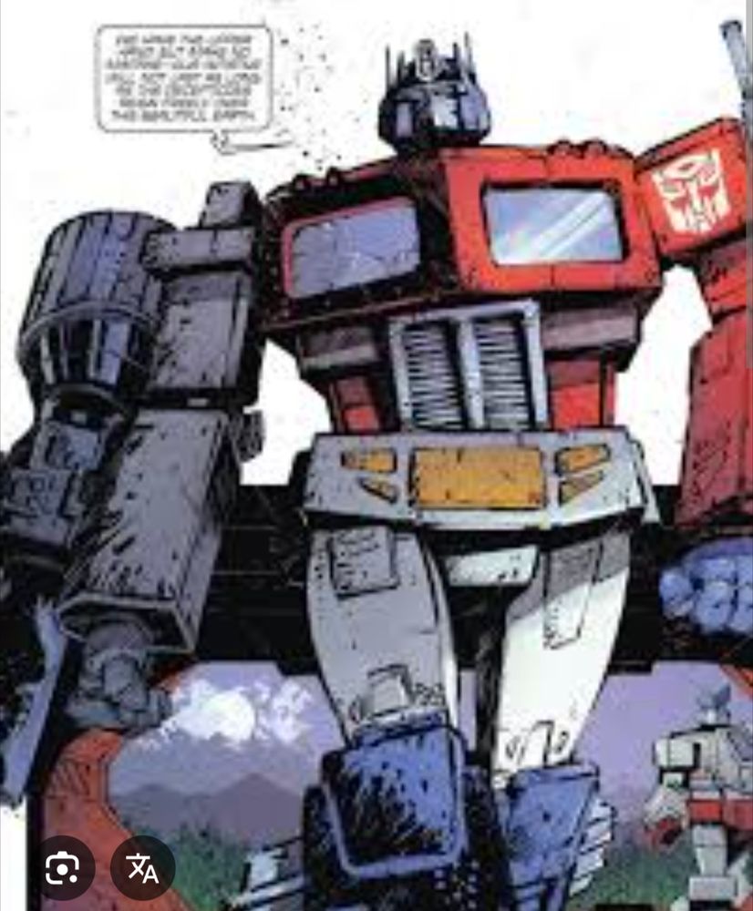 Optimus with Megatron's arm in graphic novel style art