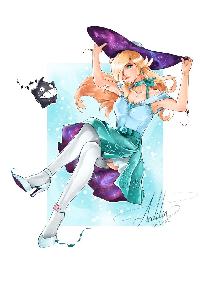 Rosalina from Super Mario Galaxy wearing her own version of the sundress Princess Peach wore in certain levels of Super Mario Odyssey. Her hat and skirt give off a galaxy effect and she has a chain chomp luma with her. 